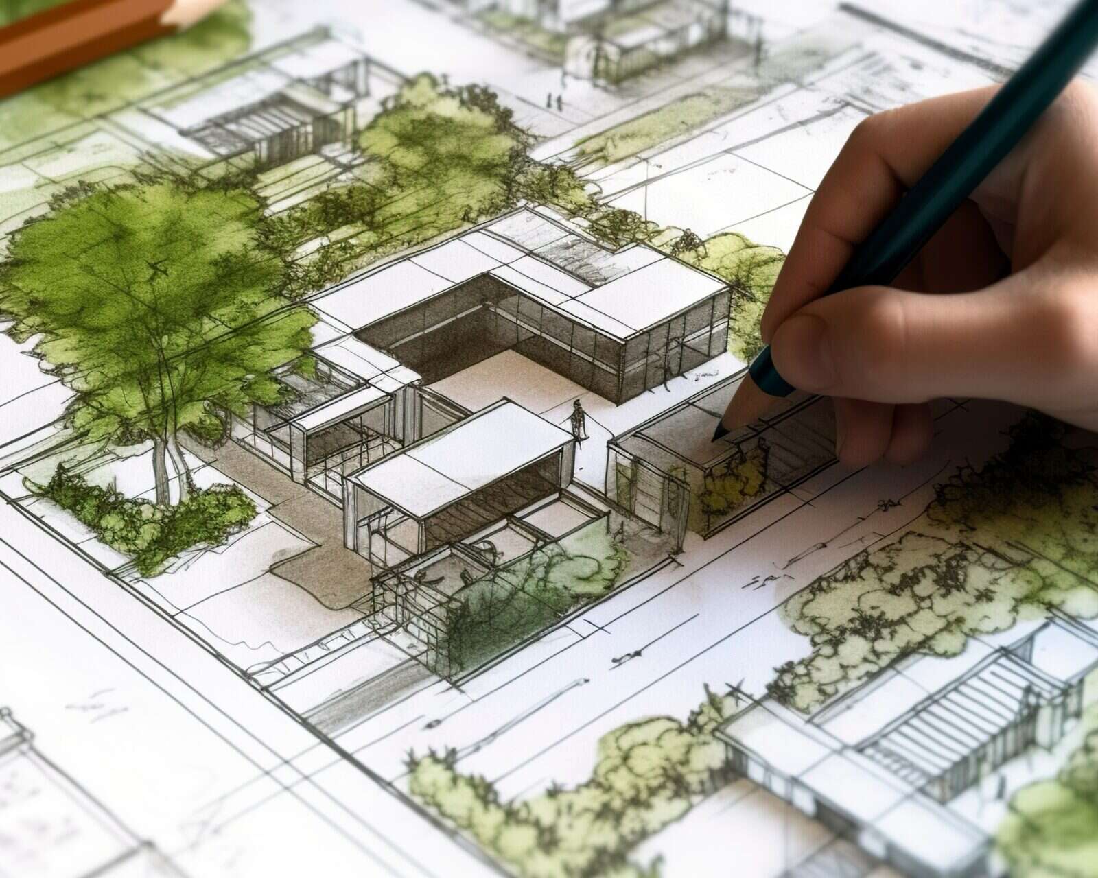 Skizze der Planung eines nachhaltigen Wohngebiets. KI-generiert